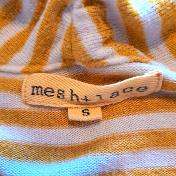 Mesh & Lace Wrap Style Fuzzy Striped Sweater Mustard Yellow White Size Small - Picture 5 of 6
